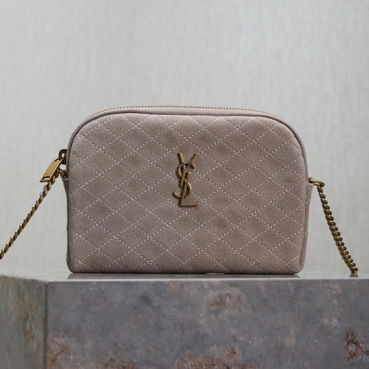 Luxury Saint Laurent GABY ZIPPED POUCH 19 IN GRAY MATTE SUEDE GOLD HARDWARE