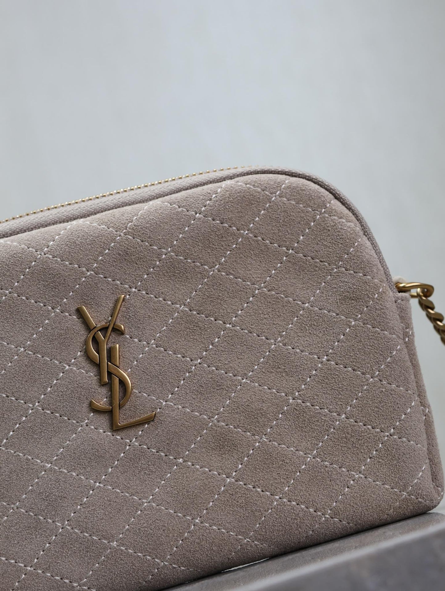 Luxury Saint Laurent GABY ZIPPED POUCH 19 IN GRAY MATTE SUEDE GOLD HARDWARE