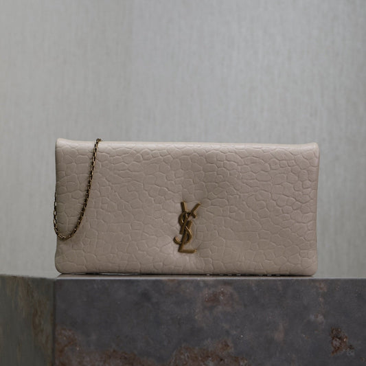 Luxury Saint Laurent CALYPSO POUCH 24 IN WHITE ELEPHANT TEXTURED LAMBSKIN GOLD LOGO