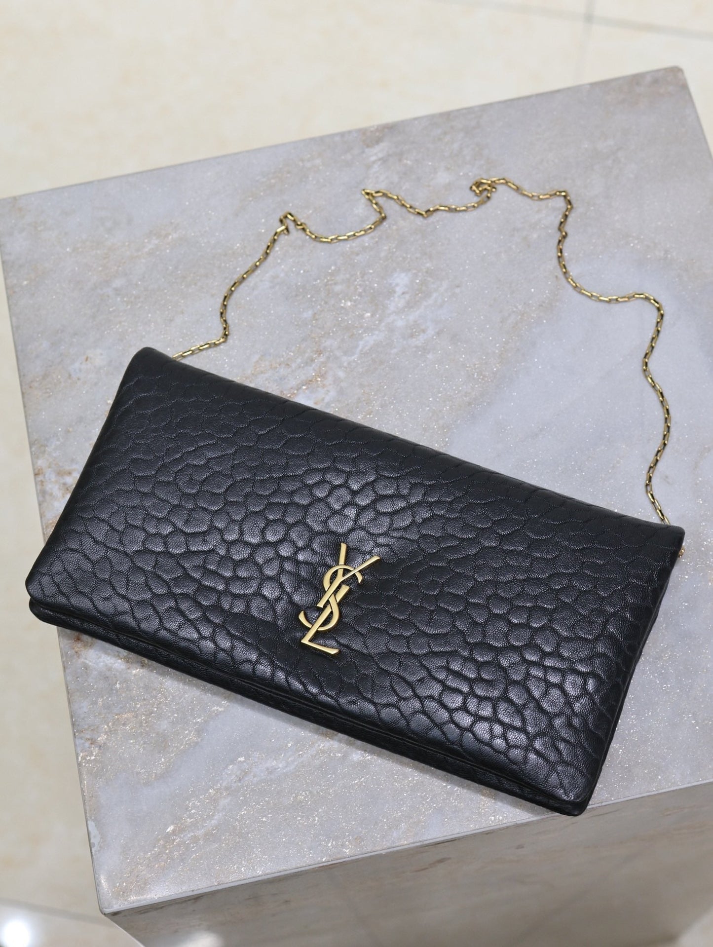 Luxury Saint Laurent CALYPSO POUCH 24 IN BLACK ELEPHANT TEXTURED LAMBSKIN GOLD LOGO