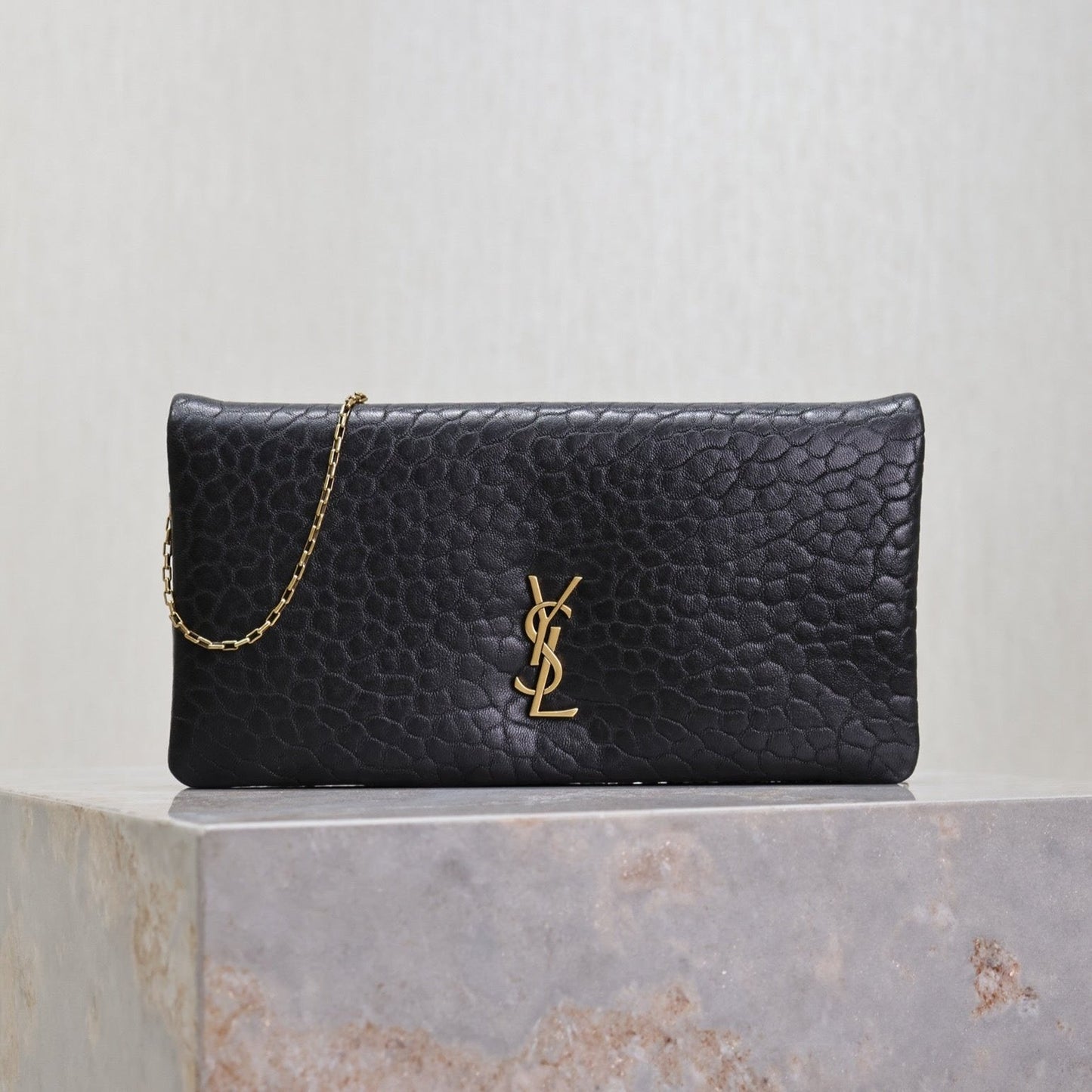 Luxury Saint Laurent CALYPSO POUCH 24 IN BLACK ELEPHANT TEXTURED LAMBSKIN GOLD LOGO
