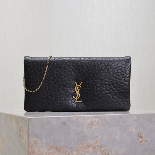 Luxury Saint Laurent CALYPSO POUCH 24 IN BLACK ELEPHANT TEXTURED LAMBSKIN GOLD LOGO