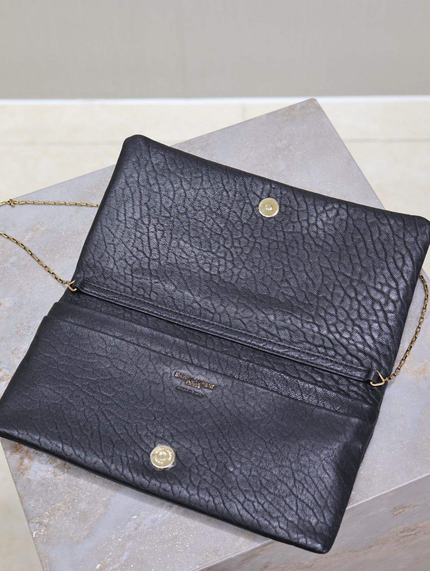 Luxury Saint Laurent CALYPSO POUCH 24 IN BLACK ELEPHANT TEXTURED LAMBSKIN GOLD LOGO