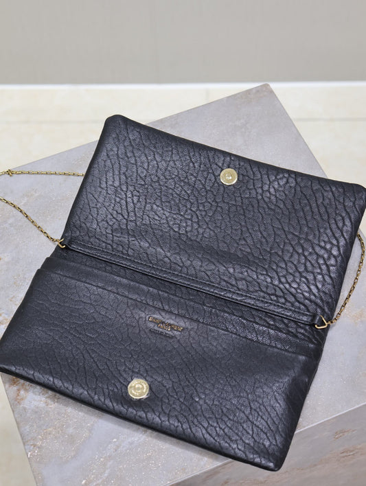 Luxury Saint Laurent CALYPSO POUCH 24 IN BLACK ELEPHANT TEXTURED LAMBSKIN GOLD LOGO