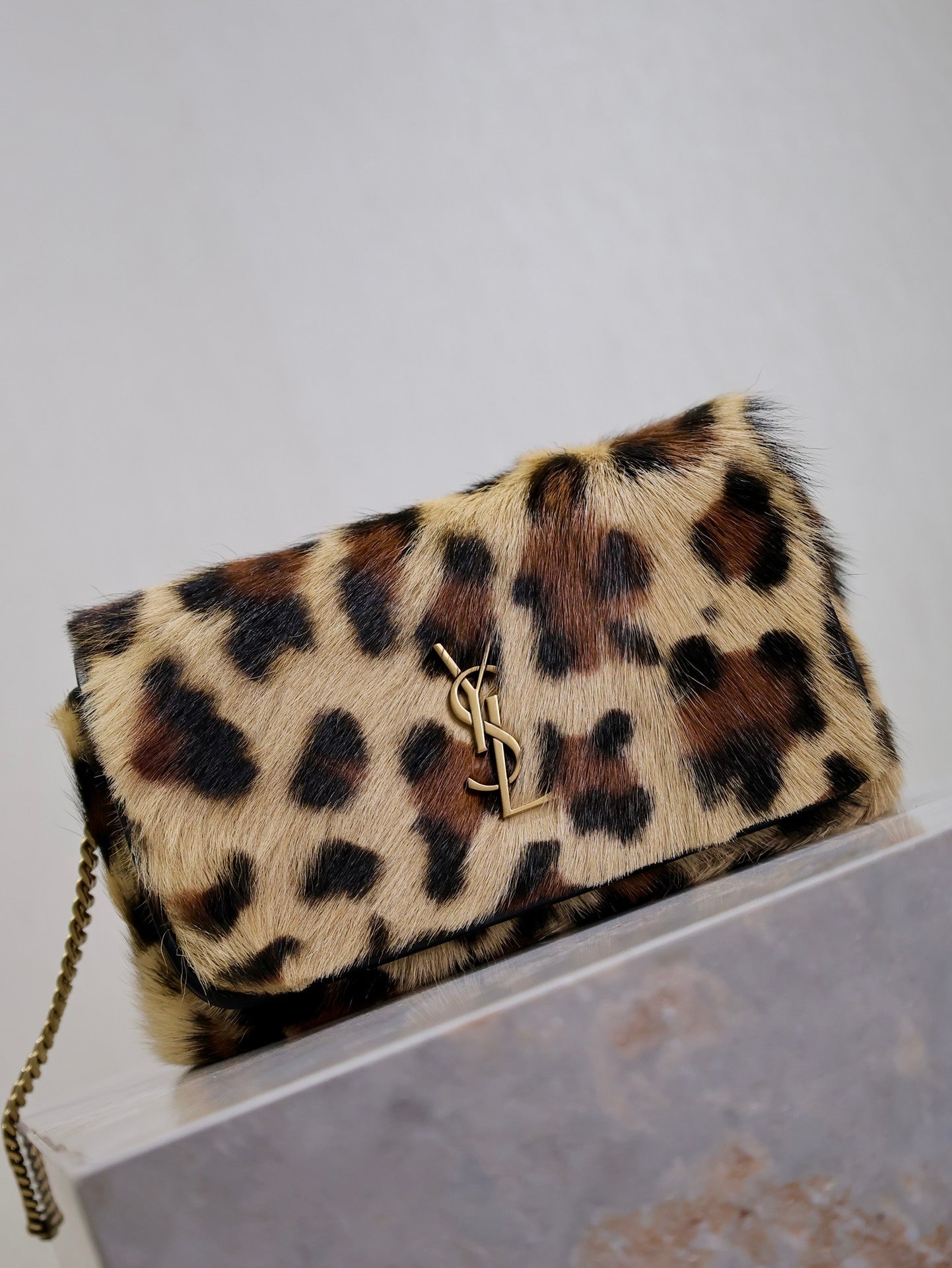 Luxury Saint Laurent KATE SMALL BAG 20 IN LEOPARD PRINT FUR COPPER CHAIN