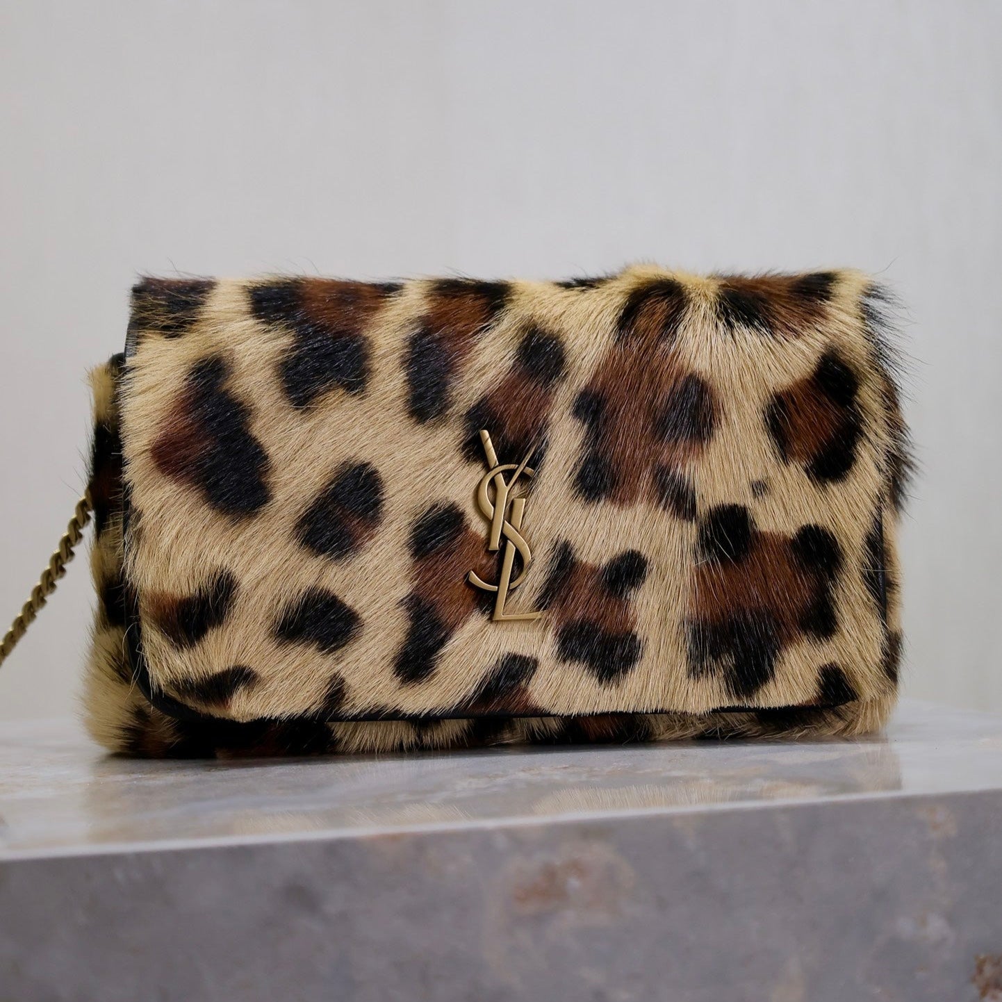 Luxury Saint Laurent KATE SMALL BAG 20 IN LEOPARD PRINT FUR COPPER CHAIN