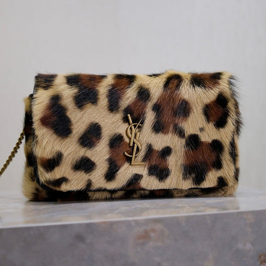 Luxury Saint Laurent KATE SMALL BAG 20 IN LEOPARD PRINT FUR COPPER CHAIN