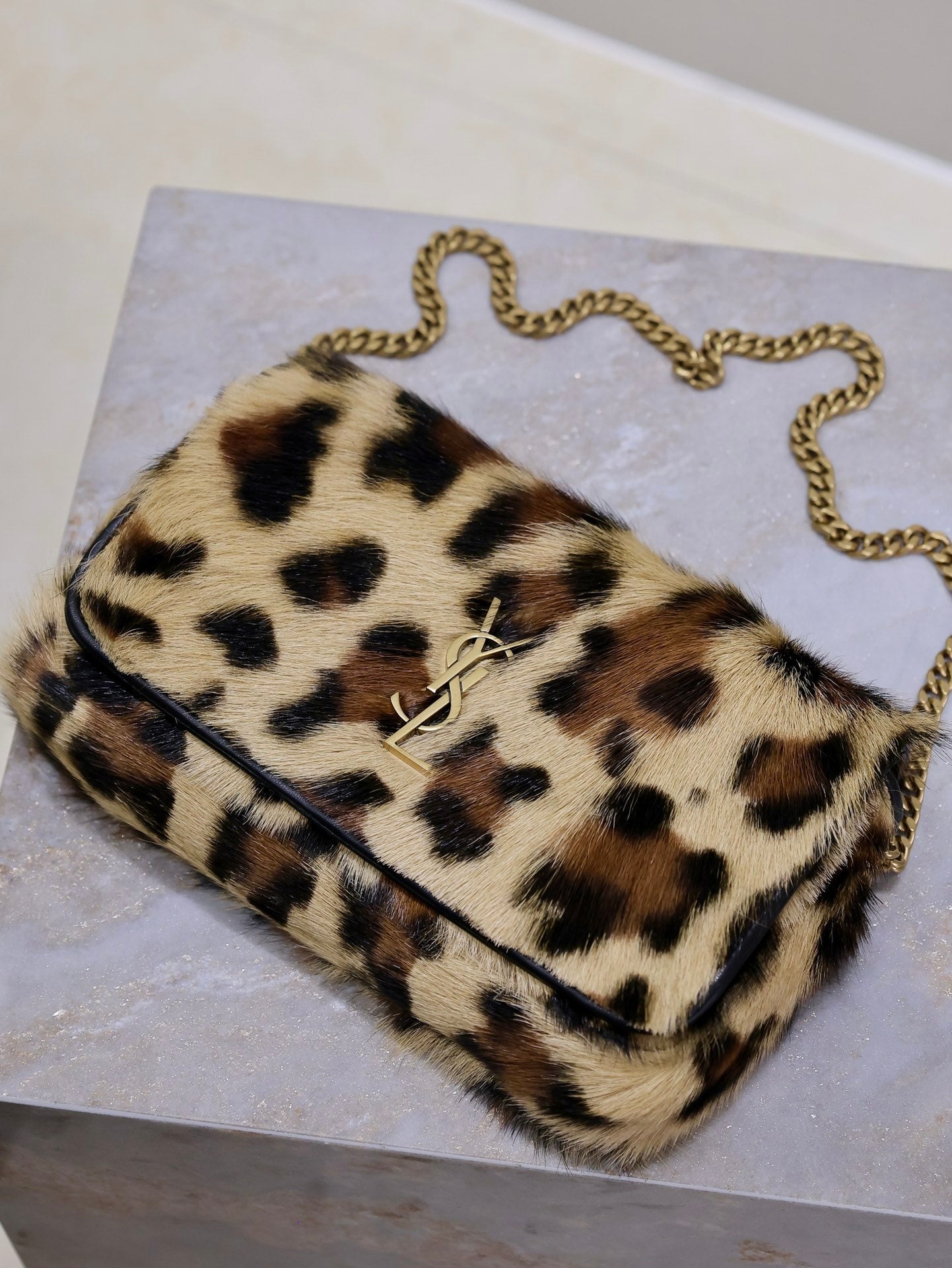 Luxury Saint Laurent KATE SMALL BAG 20 IN LEOPARD PRINT FUR COPPER CHAIN
