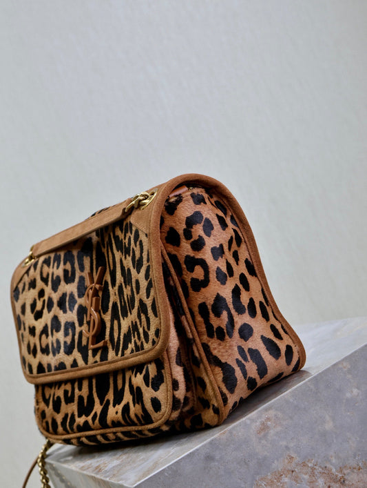 Luxury Saint Laurent NIKI MEDIUM 28 IN LEOPARD PRINT CALFSKIN AND BROWN SUEDE TRIM