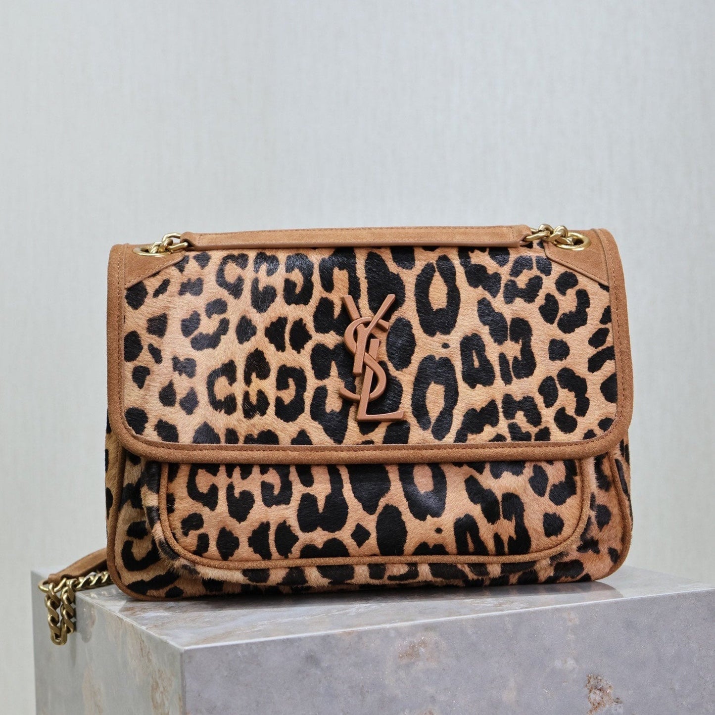 Luxury Saint Laurent NIKI MEDIUM 28 IN LEOPARD PRINT CALFSKIN AND BROWN SUEDE TRIM