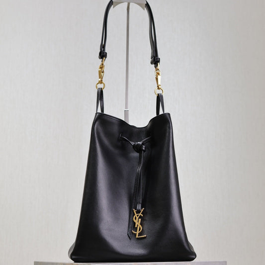 Luxury Saint Laurent POCHON BUCKET BAG 30 IN BLACK LAMBSKIN GOLD HARDWARE