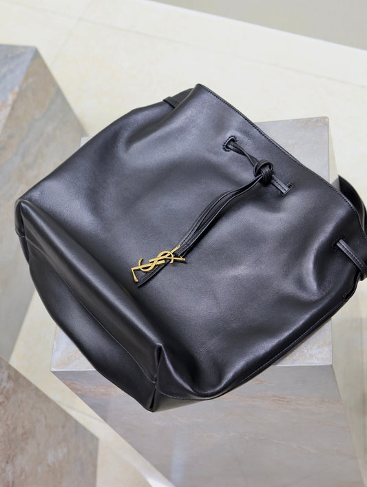 Luxury Saint Laurent POCHON BUCKET BAG 30 IN BLACK LAMBSKIN GOLD HARDWARE