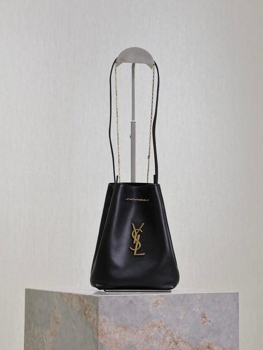 Luxury Saint Laurent POCHON BUCKET BAG 20 IN BLACK LAMBSKIN GOLD HARDWARE