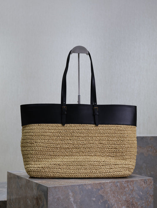 Luxury Saint Laurent SHOPPING TOTE BAG 38 IN BEIGE WOVEN RAFFIA AND BLACK CALFSKIN
