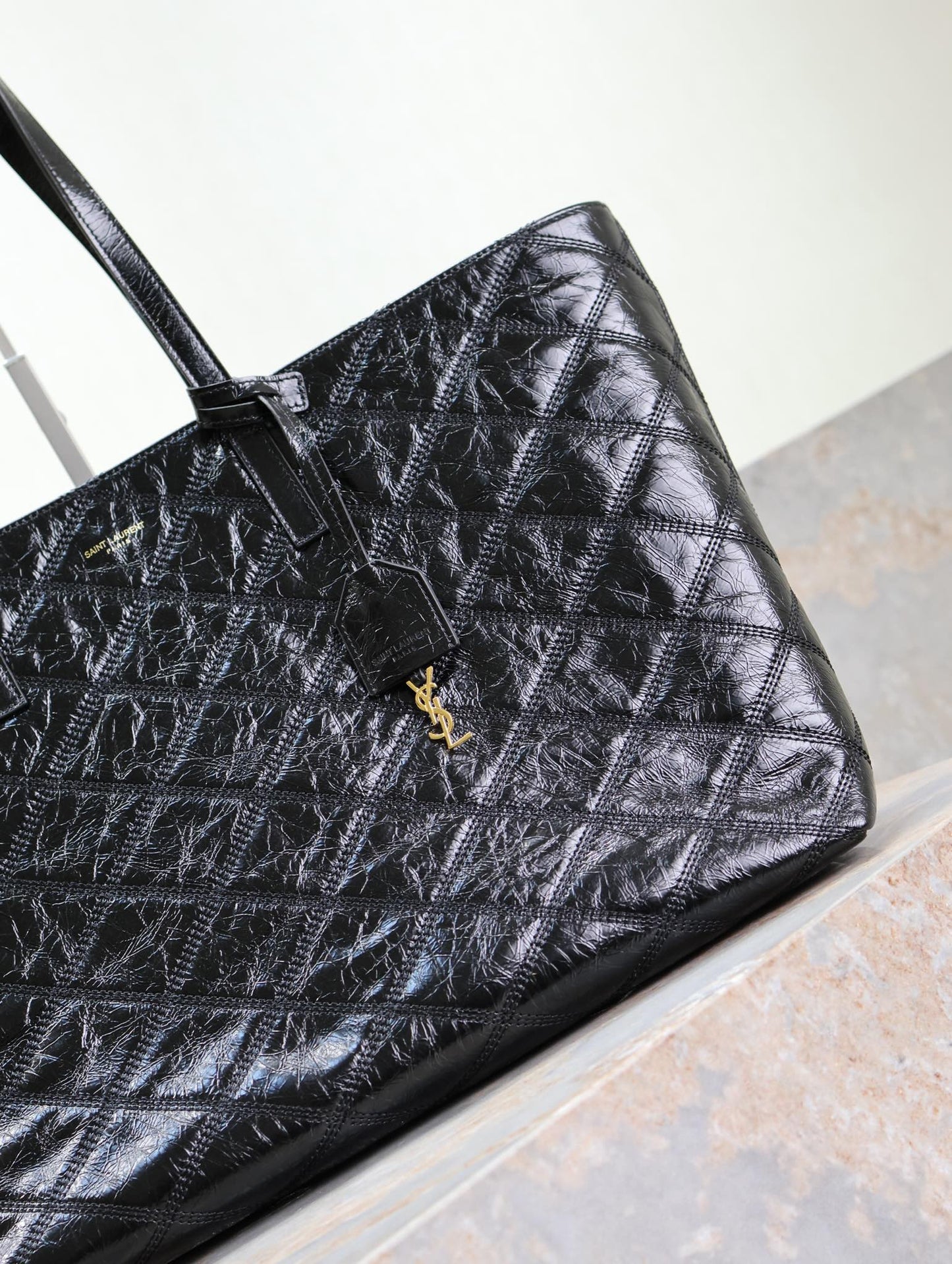 Luxury Saint Laurent SHOPPING TOTE BAG 38 IN BLACK CRUMPLED CALFSKIN