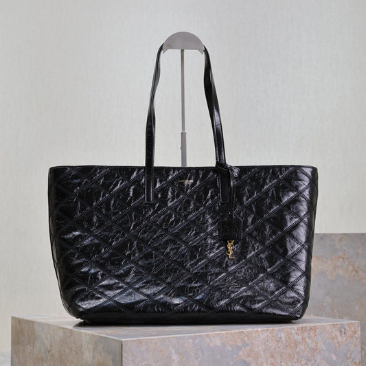 Luxury Saint Laurent SHOPPING TOTE BAG 38 IN BLACK CRUMPLED CALFSKIN