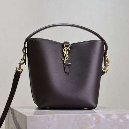 Luxury Saint Laurent LE 37 SMALL BUCKET BAG 20 IN BRUNETTE BROWN CALFSKIN GOLD HARDWARE