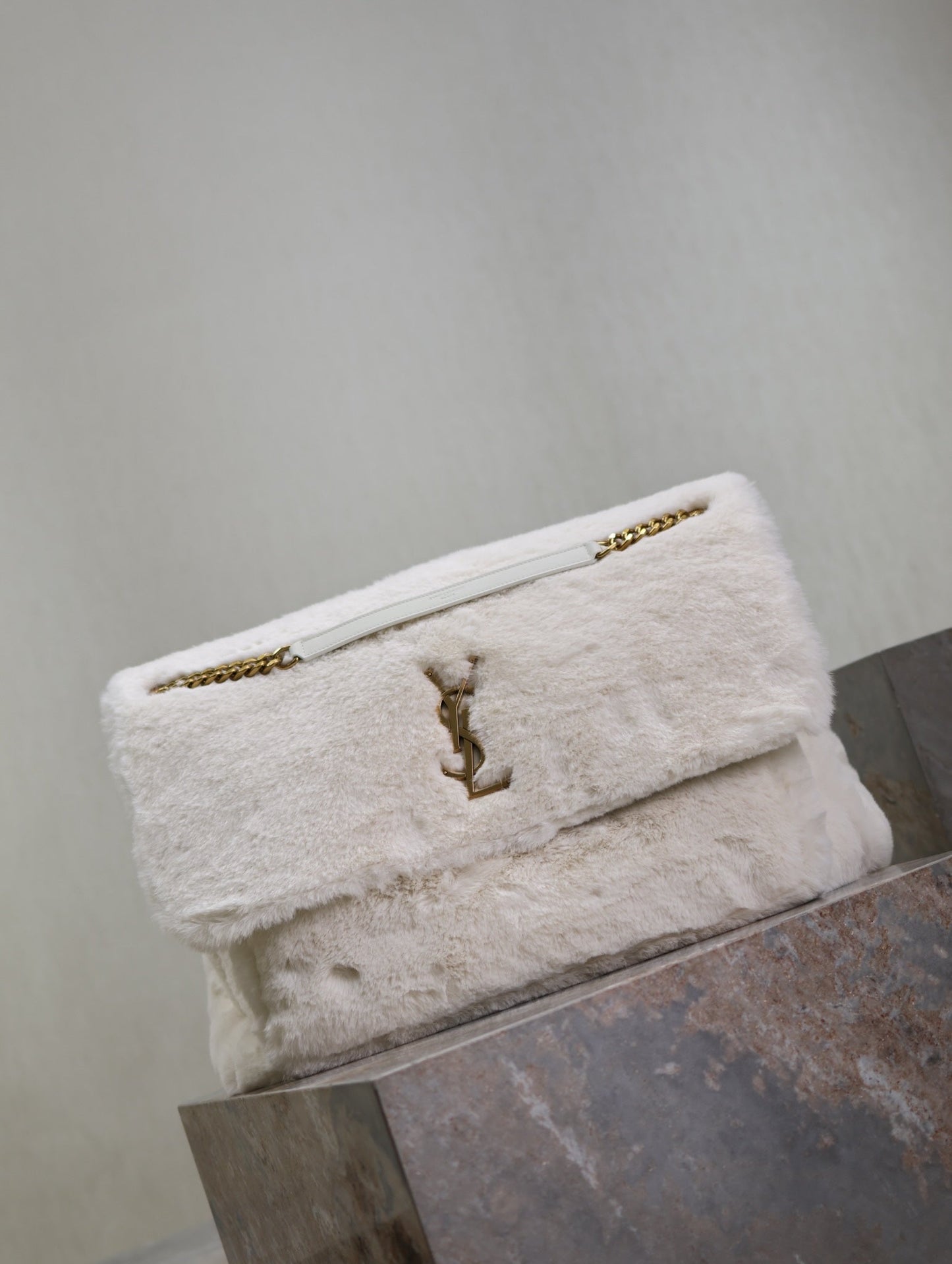 Luxury Saint Laurent NIKI 47 IN WHITE RABBIT FUR GOLD HARDWARE