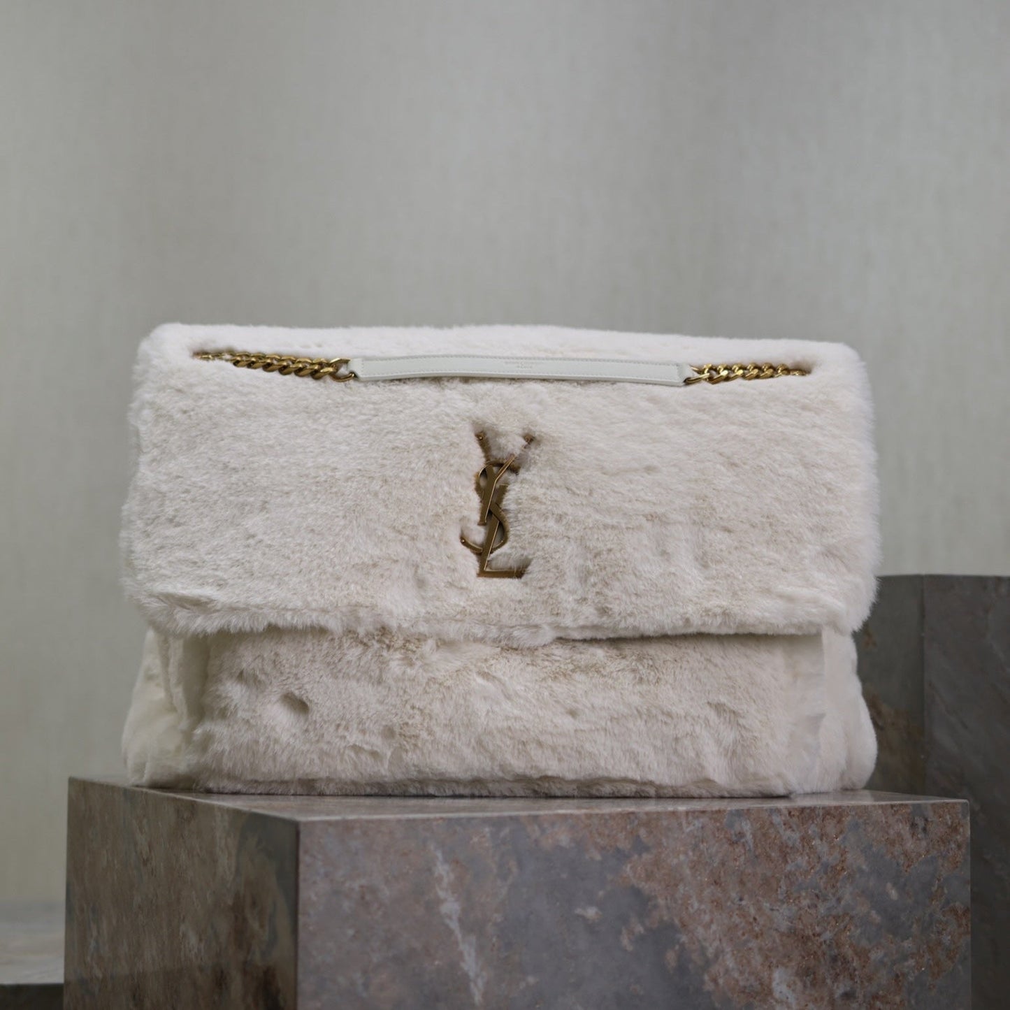 Luxury Saint Laurent NIKI 47 IN WHITE RABBIT FUR GOLD HARDWARE