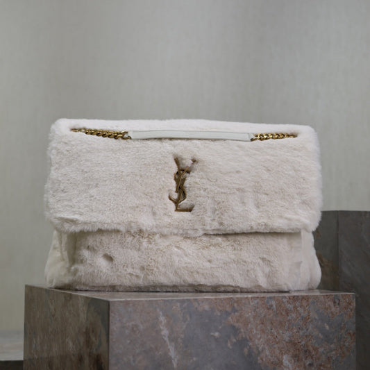 Luxury Saint Laurent NIKI 47 IN WHITE RABBIT FUR GOLD HARDWARE
