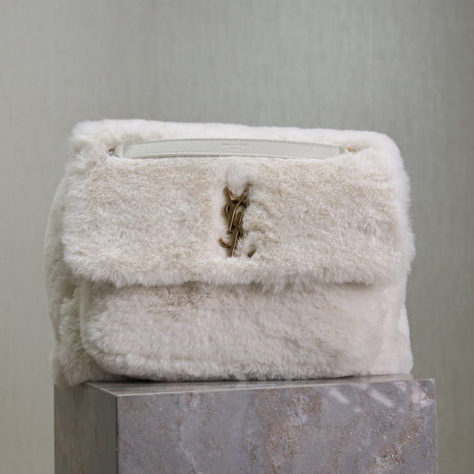 Luxury Saint Laurent NIKI LARGE 32 IN WHITE RABBIT FUR GOLD HARDWARE