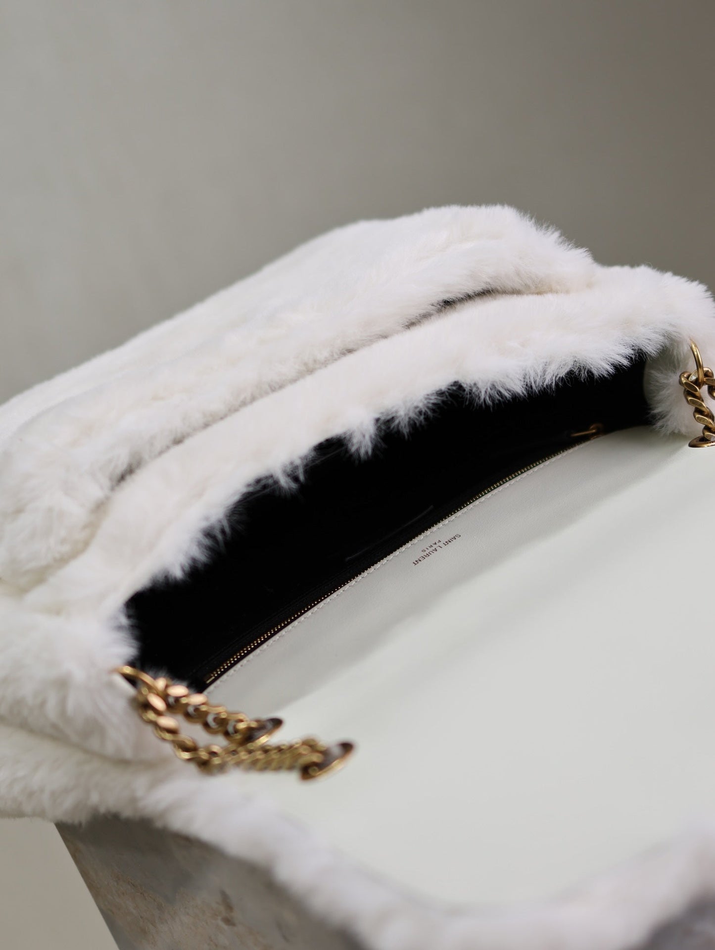 Luxury Saint Laurent NIKI LARGE 32 IN WHITE RABBIT FUR GOLD HARDWARE