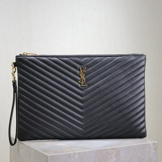 Luxury Saint Laurent CLUTCH 36 IN BLACK QUILTED CALFSKIN GOLD BUCKLE