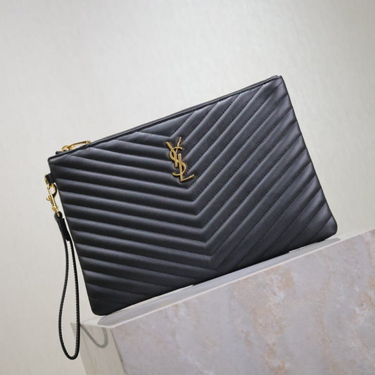Luxury Saint Laurent CLUTCH 30 IN BLACK QUILTED CALFSKIN GOLD BUCKLE