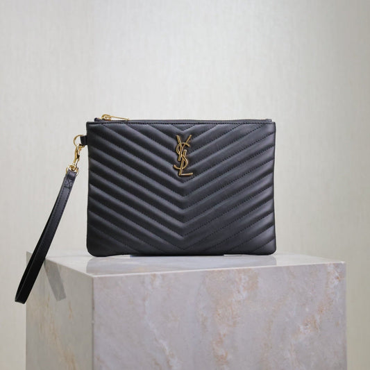 Luxury Saint Laurent CLUTCH 24 IN BLACK QUILTED CALFSKIN GOLD BUCKLE