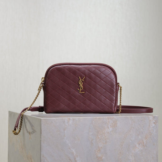 Luxury Saint Laurent GABY ZIPPED POUCH 19 IN WINE RED QUILTED LAMBSKIN GOLD HARDWARE
