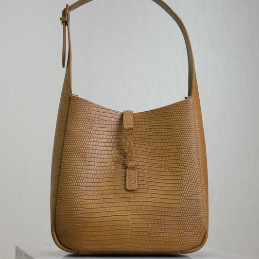 Luxury Saint Laurent LE 5 À 7 SMALL SUPPLE 23 IN CIDER BROWN LIZARD-EMBOSSED CALFSKIN