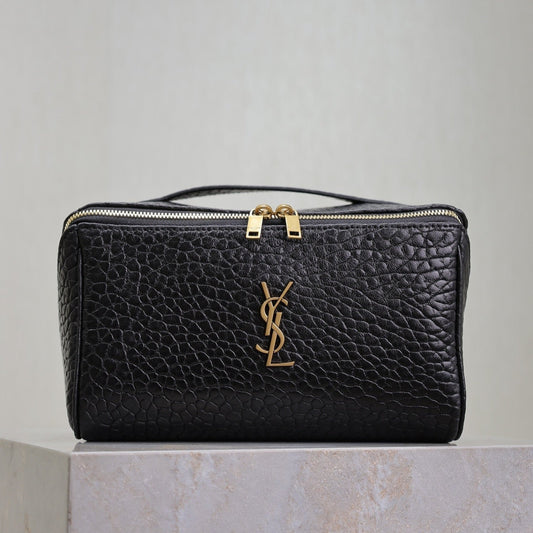 Luxury Saint Laurent COMESTIC POUCH IN BLACK LAMBSKIN GOLD LOGO