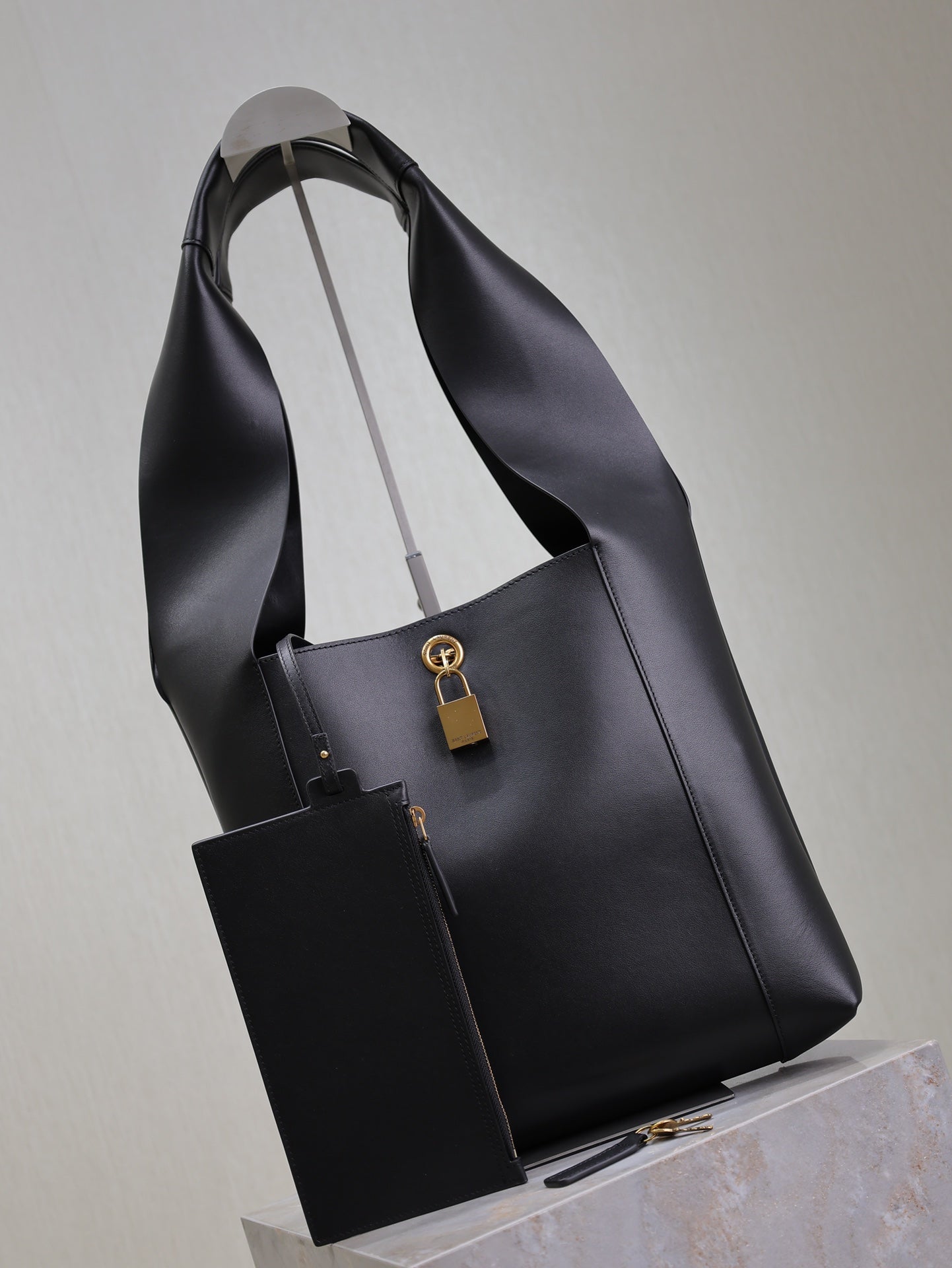 Luxury Saint Laurent TANGER HOBO BAG 27 IN BLACK CALFSKIN