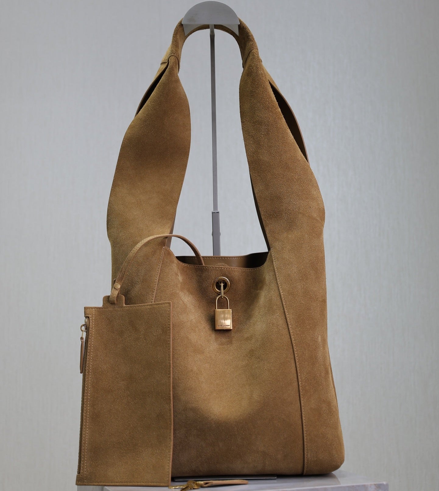 Luxury Saint Laurent TANGER HOBO BAG 27 IN PEANUT BROWN SUEDE