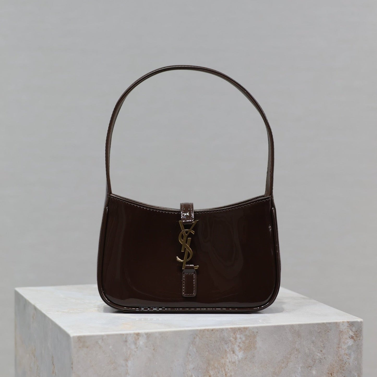 Luxury Saint Laurent LE 5 À 7 MINI BAG 19 IN CHOCOLATE PATENT CALFSKIN GOLD LOGO