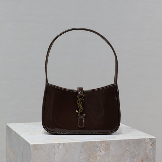 Luxury Saint Laurent LE 5 À 7 MINI BAG 19 IN CHOCOLATE PATENT CALFSKIN GOLD LOGO