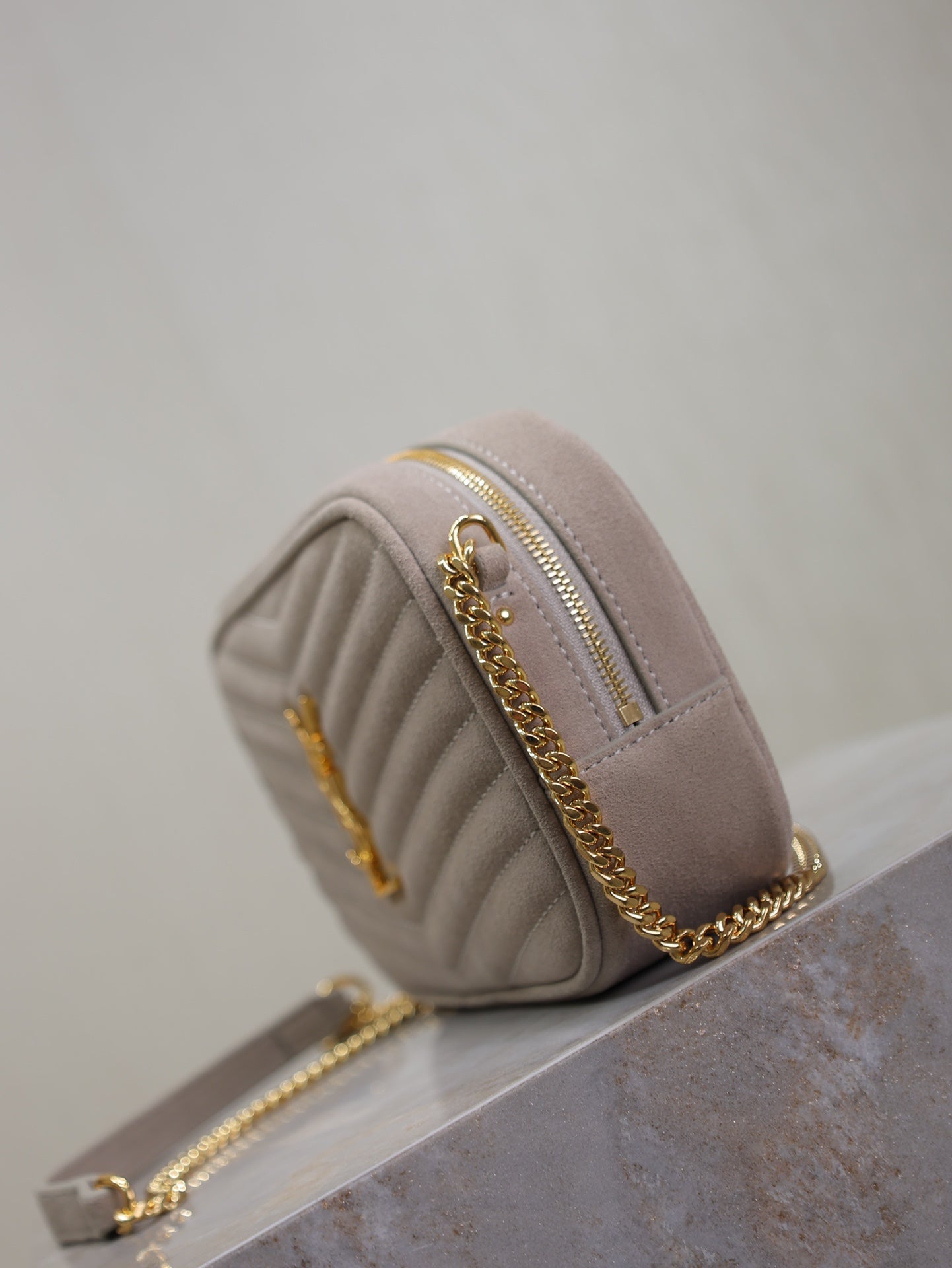 Luxury Saint Laurent LOU MINI CAMERA BAG 18 IN SILVER PINK SUEDE GOLD HARDWARE