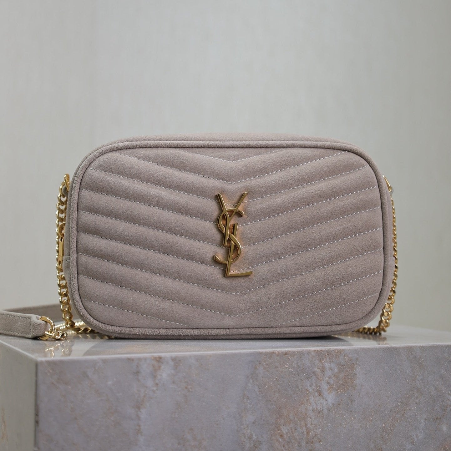 Luxury Saint Laurent LOU MINI CAMERA BAG 18 IN SILVER PINK SUEDE GOLD HARDWARE