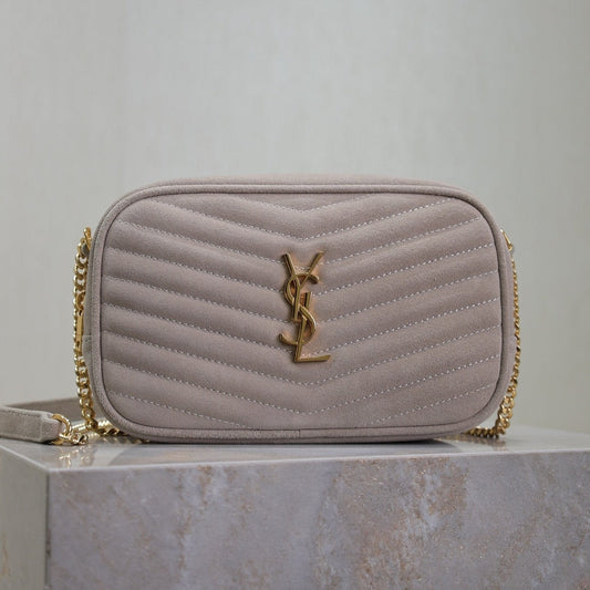 Luxury Saint Laurent LOU MINI CAMERA BAG 18 IN SILVER PINK SUEDE GOLD HARDWARE