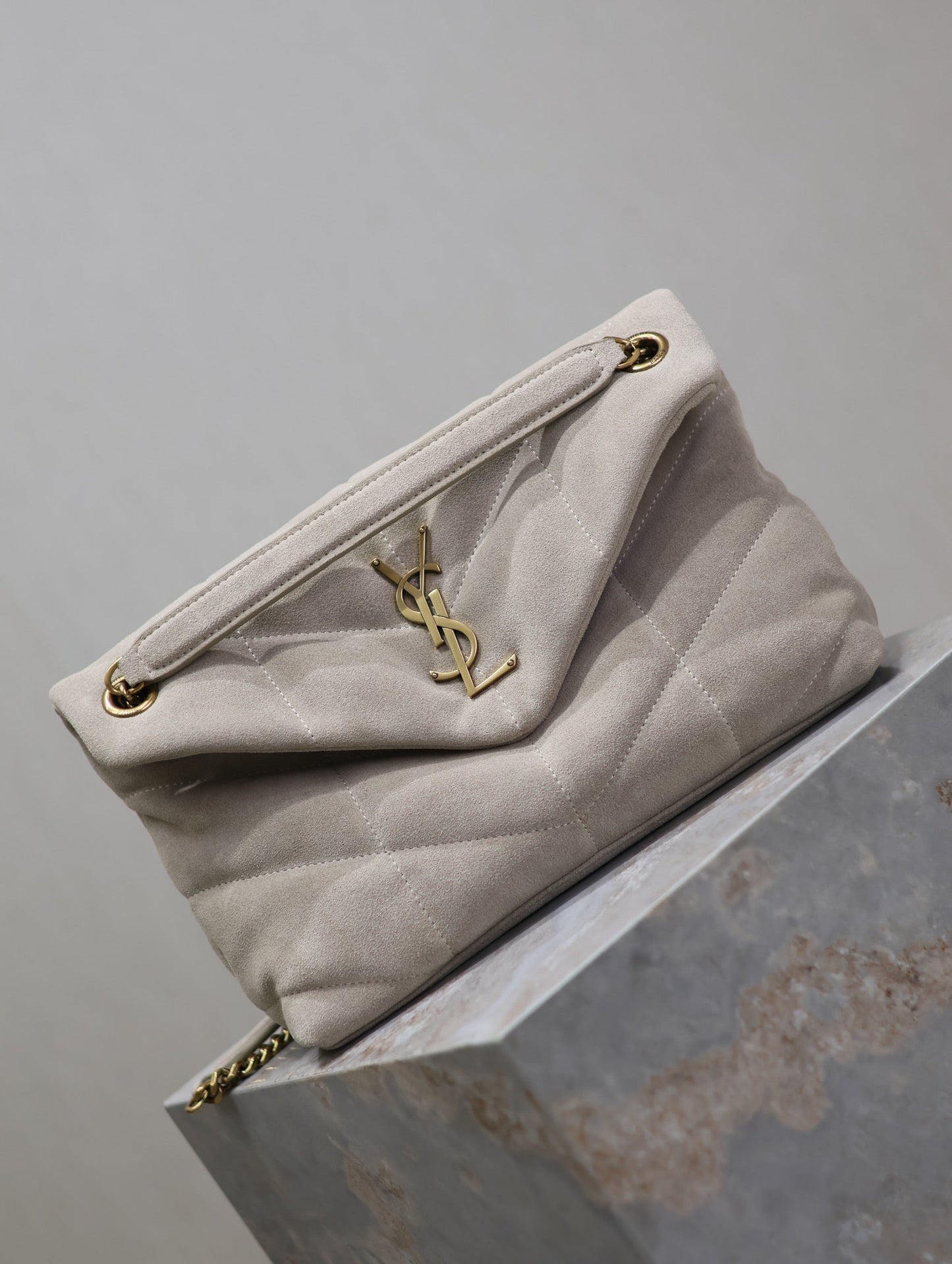 Luxury Saint Laurent PUFFER BAG 29 IN OYSTER TAN SUEDE GOLD HARDWARE