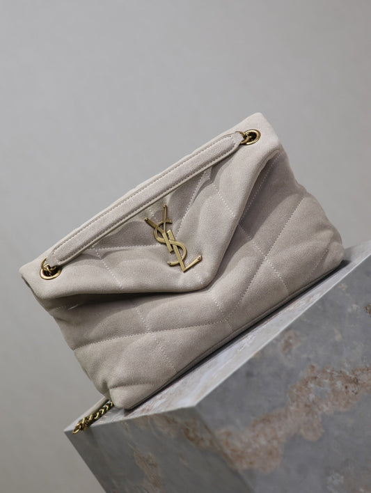 Luxury Saint Laurent PUFFER BAG 29 IN OYSTER TAN SUEDE GOLD HARDWARE
