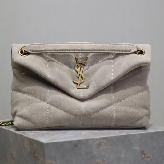 Luxury Saint Laurent PUFFER BAG 29 IN OYSTER TAN SUEDE GOLD HARDWARE