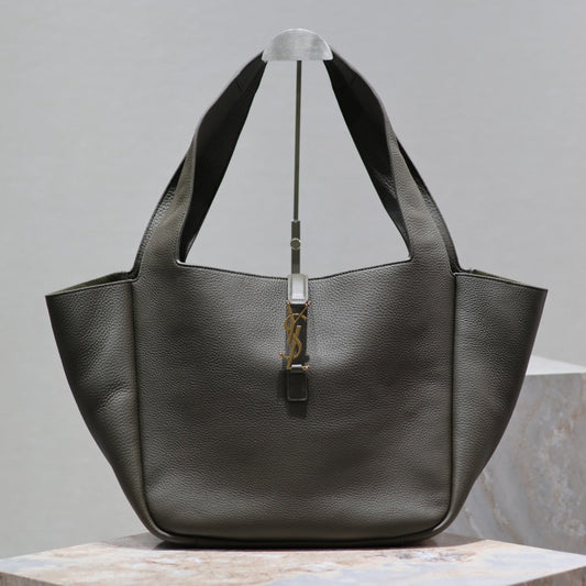 Luxury Saint Laurent LE 5 À 7 BEA TOTE BAG 50 IN KHAKI GREEN LAMBSKIN COPPER LOGO