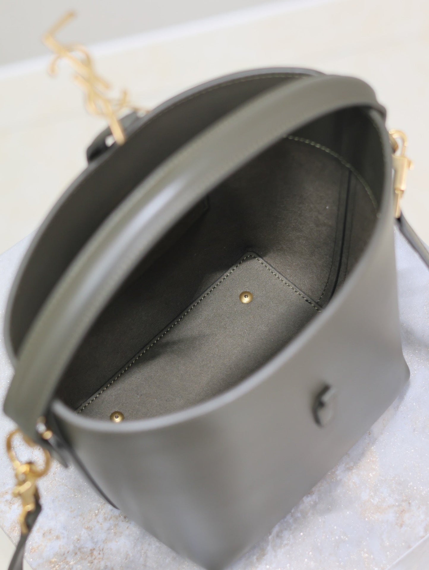 Luxury Saint Laurent LE 37 SMALL BUCKET BAG 20 IN KHAKI GREEN CALFSKIN GOLD HARDWARE
