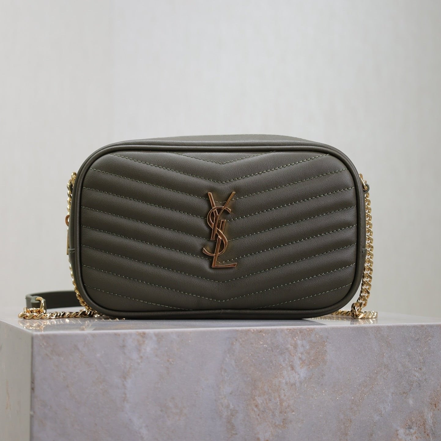 Luxury Saint Laurent LOU MINI CAMERA BAG 18 IN KOMBU GREEN QUILTED CALFSKIN