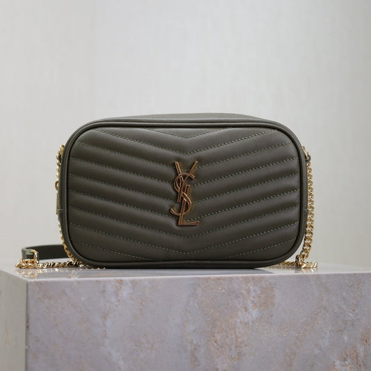 Luxury Saint Laurent LOU MINI CAMERA BAG 18 IN KOMBU GREEN QUILTED CALFSKIN