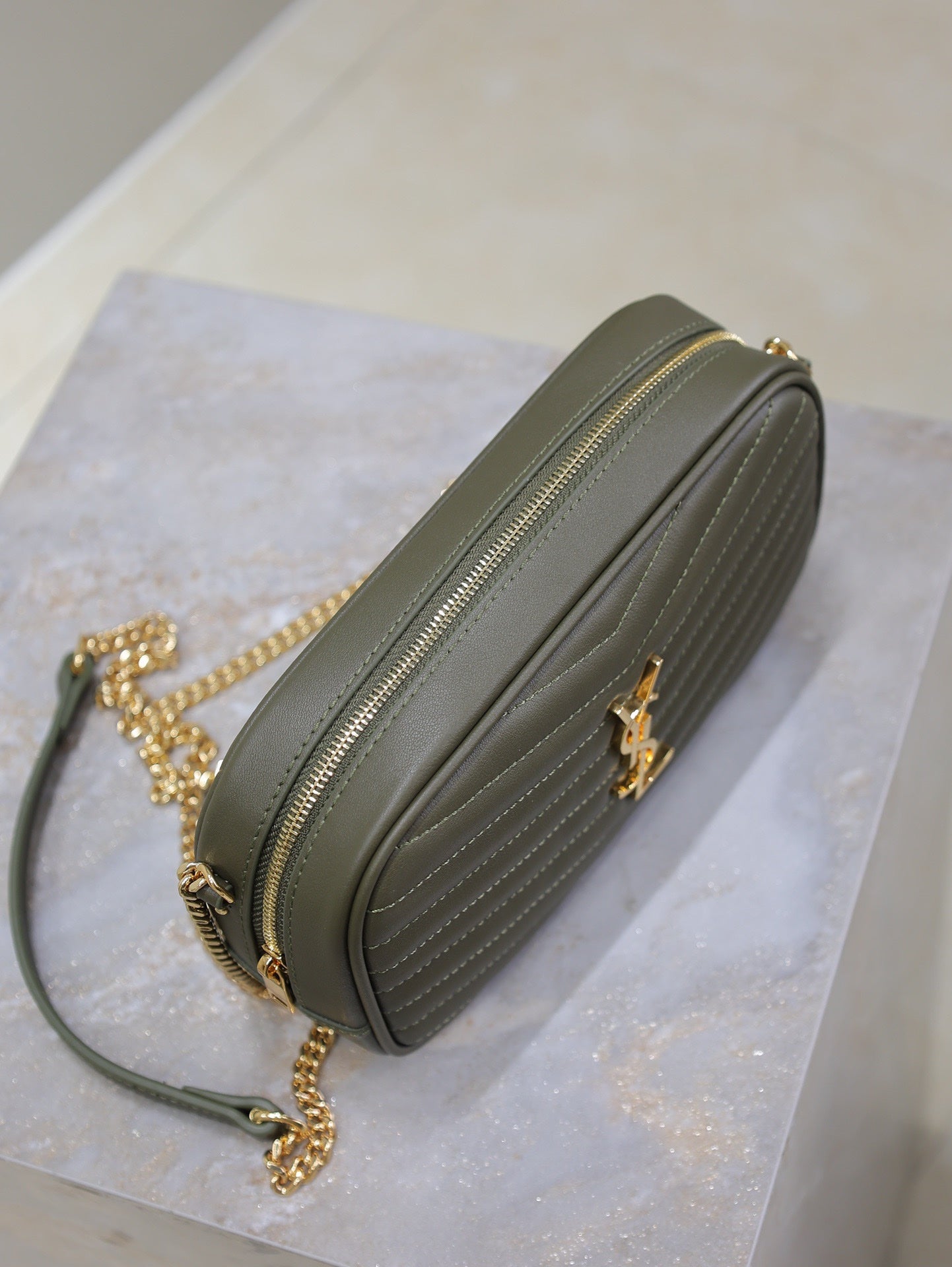 Luxury Saint Laurent LOU MINI CAMERA BAG 18 IN KOMBU GREEN QUILTED CALFSKIN