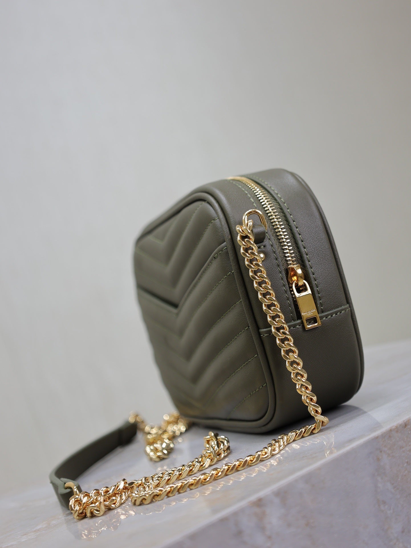 Luxury Saint Laurent LOU MINI CAMERA BAG 18 IN KOMBU GREEN QUILTED CALFSKIN