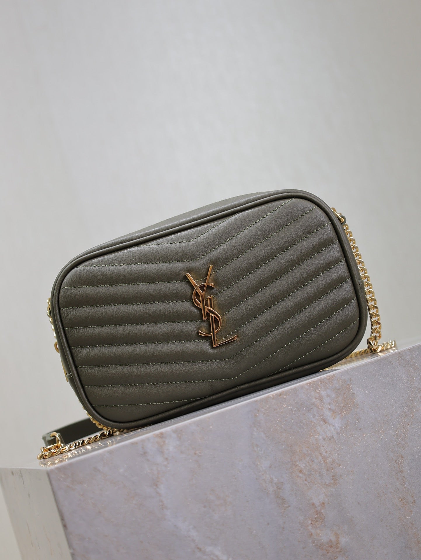 Luxury Saint Laurent LOU MINI CAMERA BAG 18 IN KOMBU GREEN QUILTED CALFSKIN