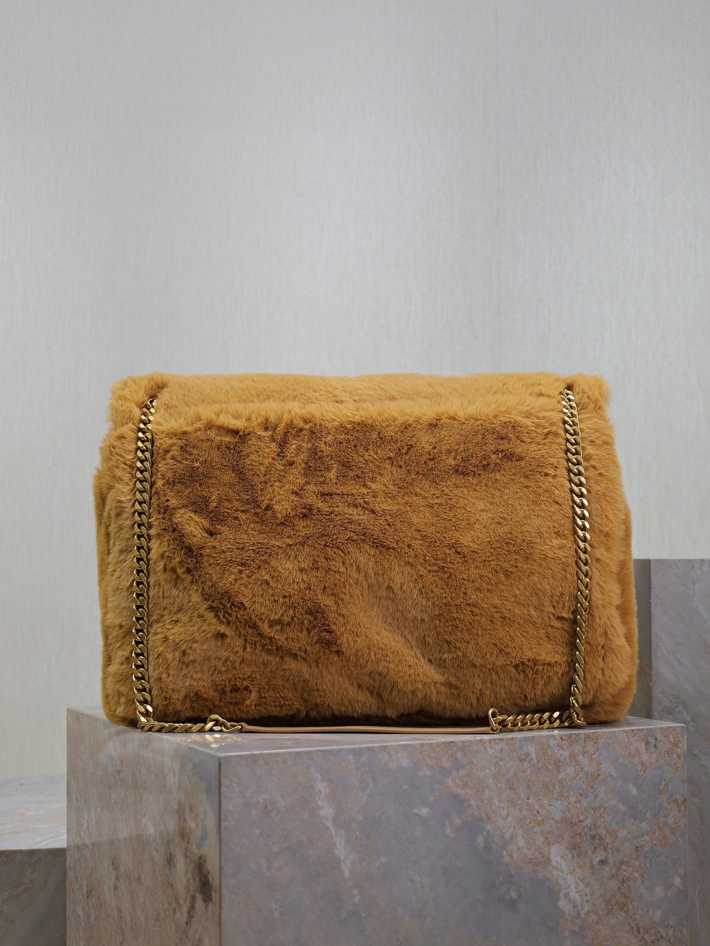 Luxury Saint Laurent NIKI 47 IN CINNAMON BROWN RABBIT FUR GOLD HARDWARE